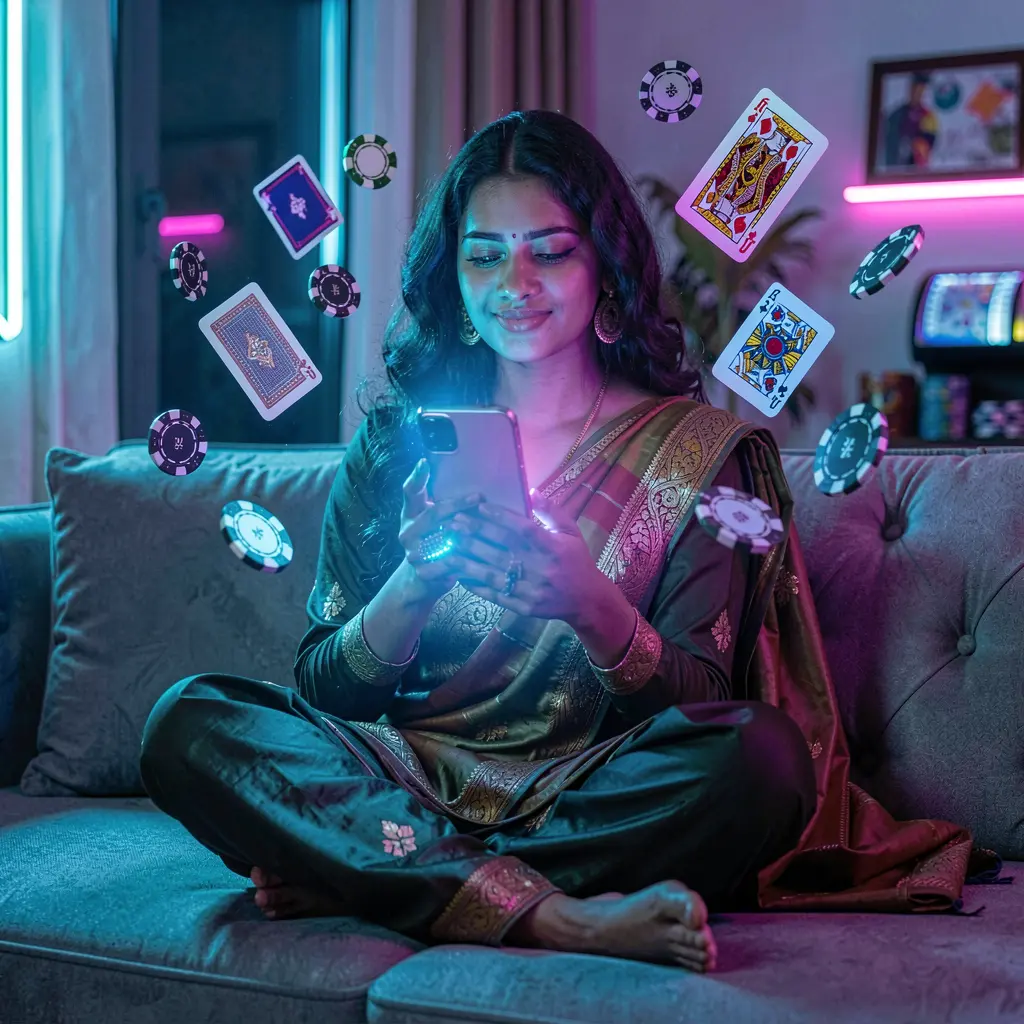 Focused Bangladeshi woman using the 9T999 casino app on her phone as colorful chips and cards float in a cinematic neon scene