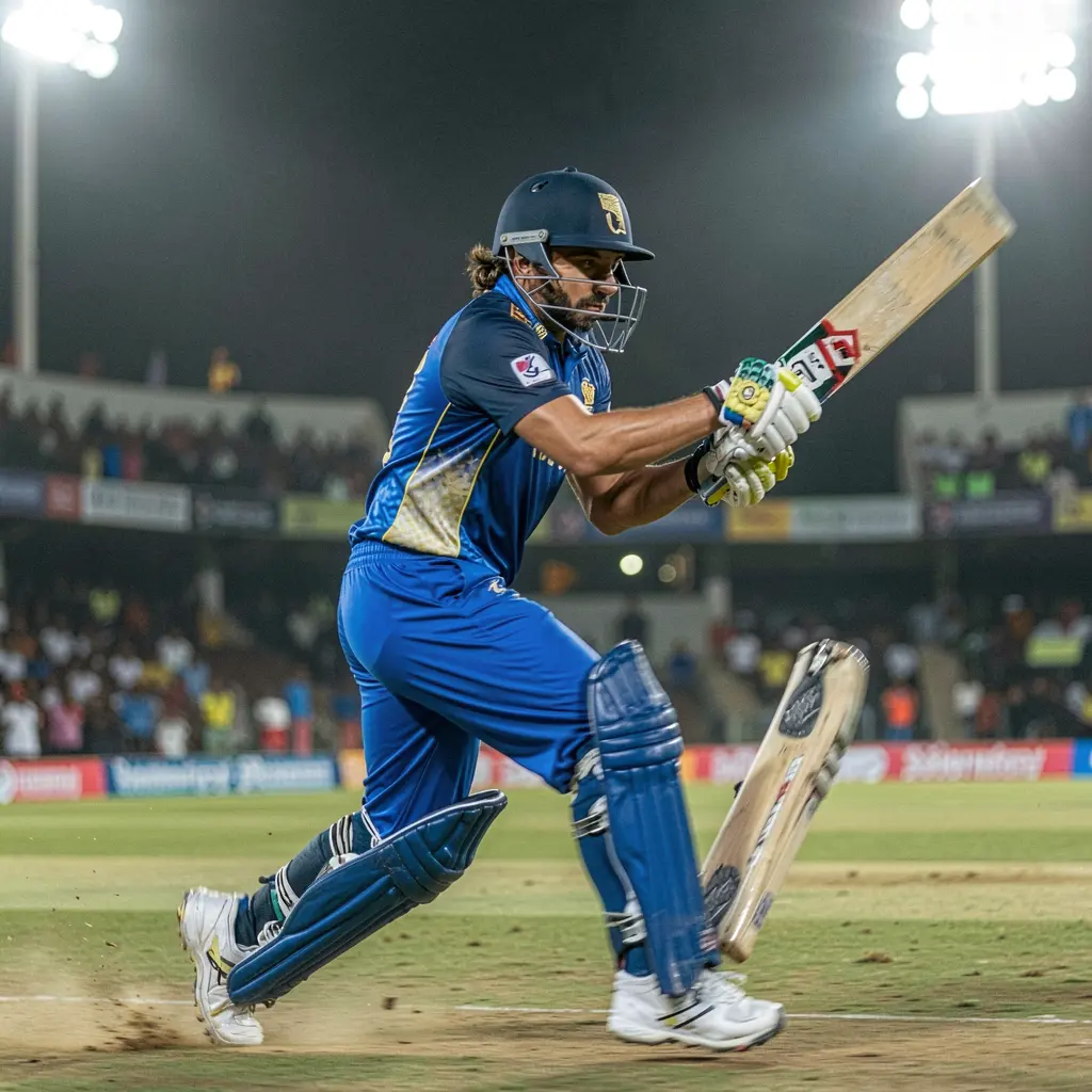 Dynamic image of a cricket batsman playing an aggressive shot under stadium lights capturing the excitement of live cricket betting with 9T999 in Bangladesh