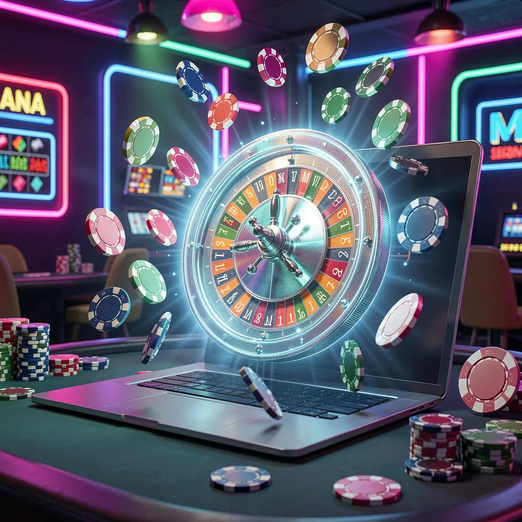 Bright holographic roulette wheel on a laptop with floating casino chips representing immersive online casino gameplay at 9T999