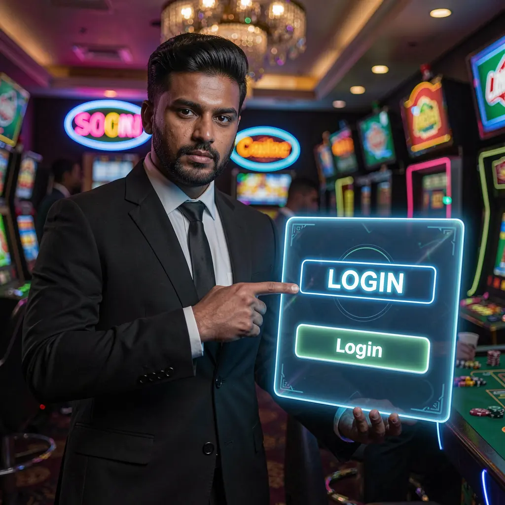 Confident Bangladeshi casino dealer pointing at a glowing login interface inside the 9T999 platform with neon lights and a premium casino atmosphere